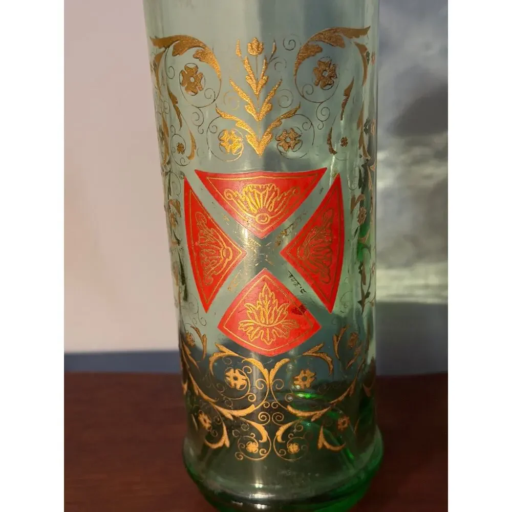 Vintage Mid Century Old Fitzgerald Bourbon Green Glass Decanter Bottle Crest